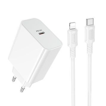 Мережевий зарядний пристрій BOROFONE BA107A Stellar single port PD30W charger set (C to iP) (EU) White 140831709 фото