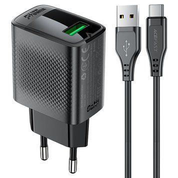 Сетевое зарядное устройство с кабелем ACEFAST A90 QC18W GaN single USB-A charger set (P3) (EU) Black 235133920 фото
