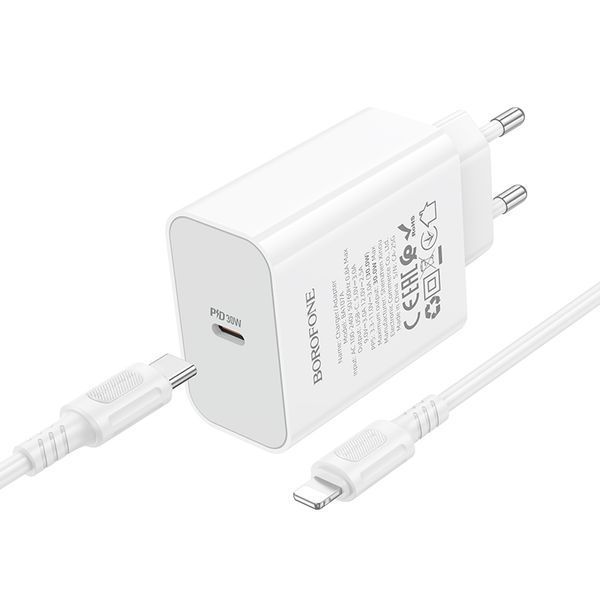 Мережевий зарядний пристрій BOROFONE BA107A Stellar single port PD30W charger set (C to iP) (EU) White 140831709 фото