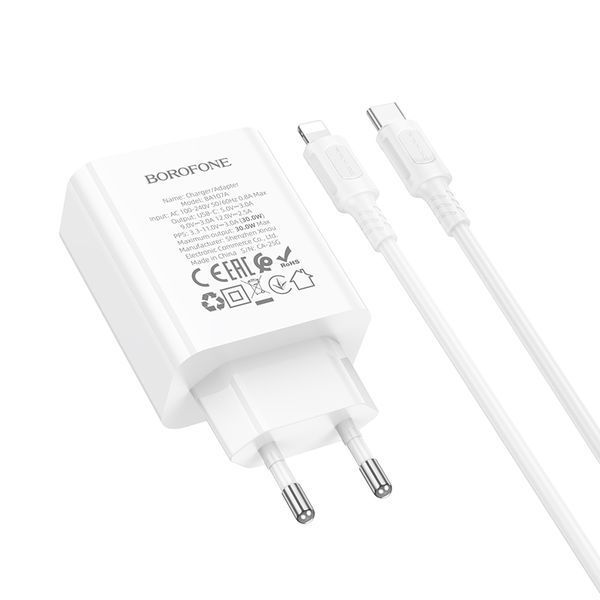 Мережевий зарядний пристрій BOROFONE BA107A Stellar single port PD30W charger set (C to iP) (EU) White 140831709 фото