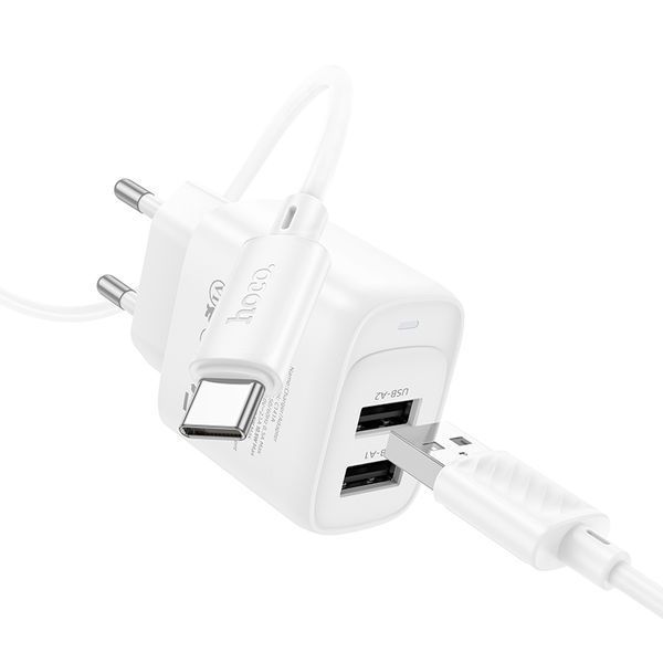 Сетевое зарядное устройство с кабелем HOCO C141A Smart dual-port charger set(Type-C) White 650617687 фото