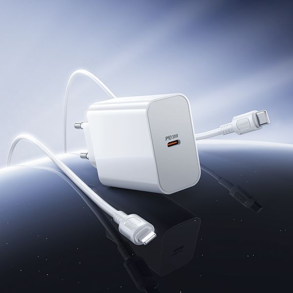 Мережевий зарядний пристрій BOROFONE BA107A Stellar single port PD30W charger set (C to iP) (EU) White 140831709 фото