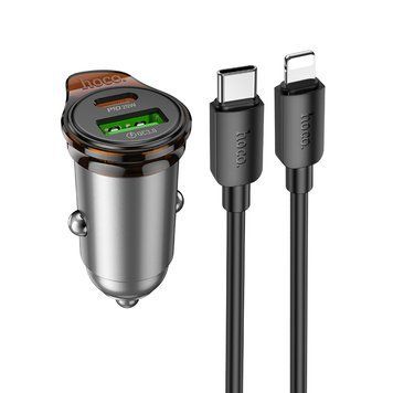 Автомобільний зарядний пристрій HOCO NZ16A Rigorous 43W dual port PD25W+QC3.0 car charger set(C to iP) Metal Grey 389444999 фото