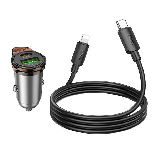 Автомобильное зарядное устройство HOCO NZ16A Rigorous 43W dual port PD25W+QC3.0 car charger set(C to iP) Metal Grey 389444999 фото