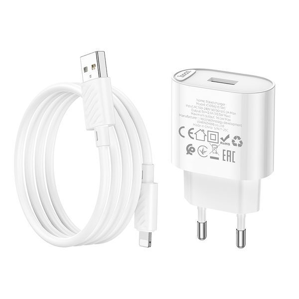 Сетевое зарядное устройство с кабелем HOCO C109A(10.5W) Fighter single port charger set(iP) White 896058919 фото