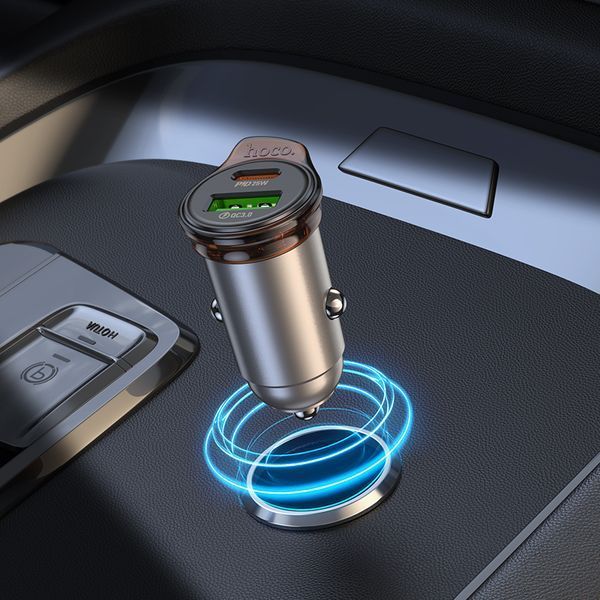 Автомобильное зарядное устройство HOCO NZ16A Rigorous 43W dual port PD25W+QC3.0 car charger set(C to iP) Metal Grey 389444999 фото