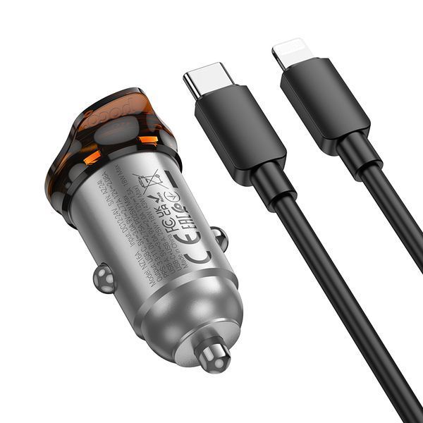 Автомобильное зарядное устройство HOCO NZ16A Rigorous 43W dual port PD25W+QC3.0 car charger set(C to iP) Metal Grey 389444999 фото