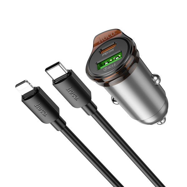 Автомобильное зарядное устройство HOCO NZ16A Rigorous 43W dual port PD25W+QC3.0 car charger set(C to iP) Metal Grey 389444999 фото