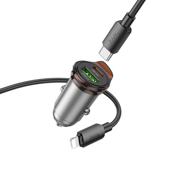 Автомобильное зарядное устройство HOCO NZ16A Rigorous 43W dual port PD25W+QC3.0 car charger set(C to iP) Metal Grey 389444999 фото