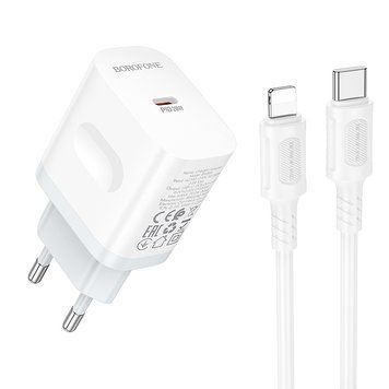 Мережевий зарядний пристрій з кабелем BOROFONE BA99A Breeze single port PD20W charger set(C to iP) White 248091888 фото