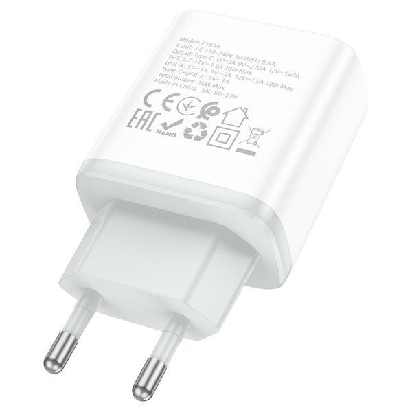 Мережевий зарядний пристрій HOCO C105A Stage dual port PD20W+QC3.0 charger White 889952096 фото
