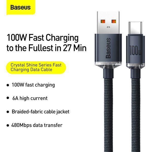 Кабель Baseus Crystal Shine Series Fast Charging Data Cable USB to Type-C 100W 2m Black 105116198 фото