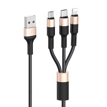 Кабель HOCO X26 USB to iP+Type-C+Micro 2A, 1m, nylon, aluminum connectors Black+Gold 807209718 фото