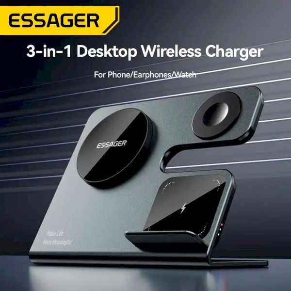 Беспроводное мультизарядное устройство Essager Ruicheng desktop magnetic suction 15W (3 in 1) black 107689510 фото