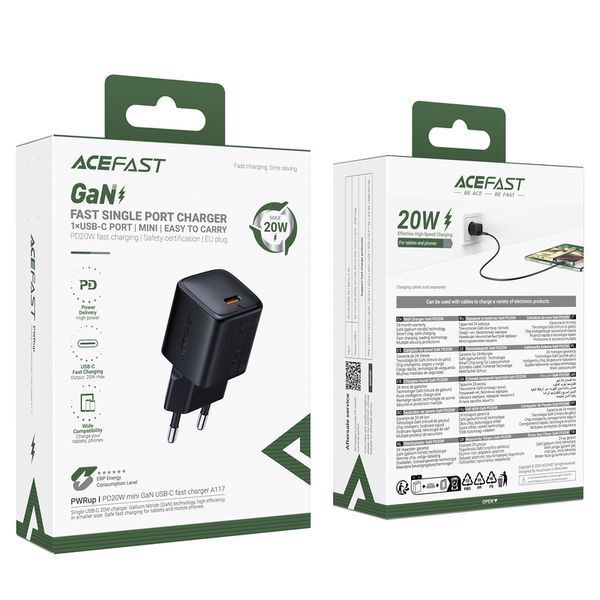 Мережевий зарядний пристрій ACEFAST A117 PD20W mini GaN USB-C fast charger Black 475015114 фото