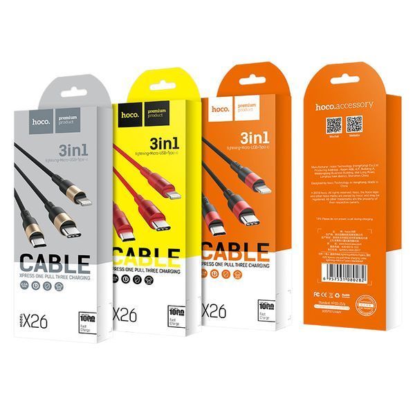 Кабель HOCO X26 USB to iP+Type-C+Micro 2A, 1m, nylon, aluminum connectors Black+Gold 807209718 фото