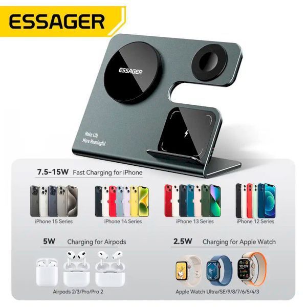Беспроводное мультизарядное устройство Essager Ruicheng desktop magnetic suction 15W (3 in 1) black 107689510 фото