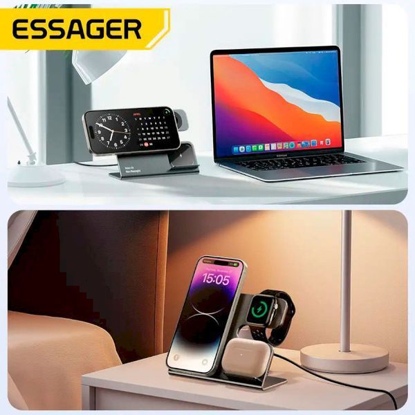 Беспроводное мультизарядное устройство Essager Ruicheng desktop magnetic suction 15W (3 in 1) black 107689510 фото