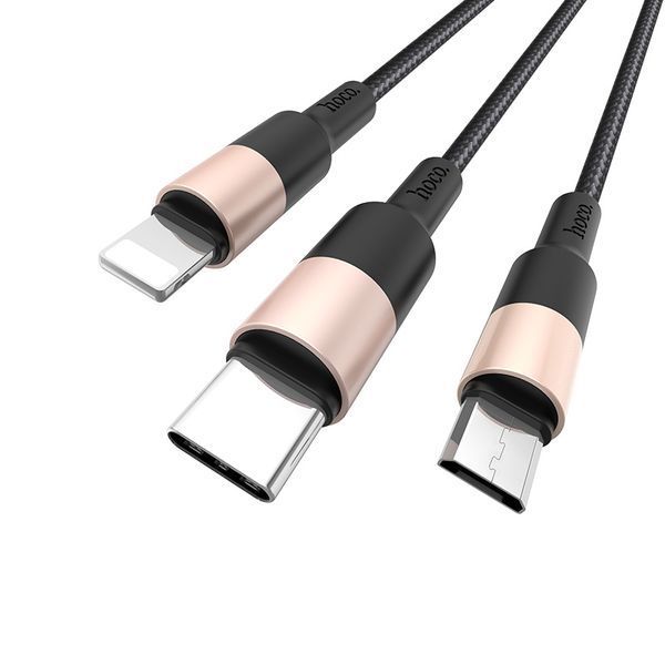 Кабель HOCO X26 USB to iP+Type-C+Micro 2A, 1m, nylon, aluminum connectors Black+Gold 807209718 фото