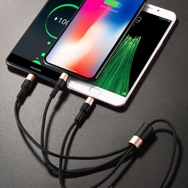 Кабель HOCO X26 USB to iP+Type-C+Micro 2A, 1m, nylon, aluminum connectors Black+Gold 807209718 фото