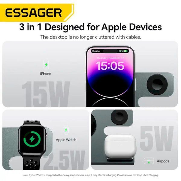 Беспроводное мультизарядное устройство Essager Ruicheng desktop magnetic suction 15W (3 in 1) black 107689510 фото