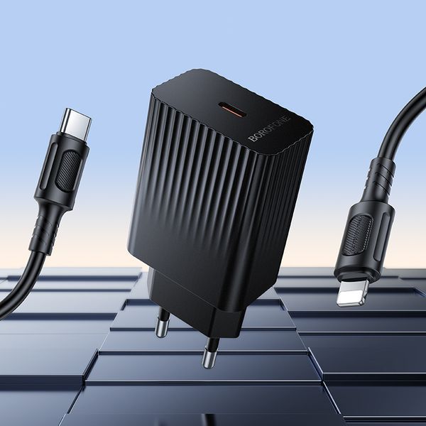 Мережевий зарядний пристрій з кабелем BOROFONE BAS75A Source single port PD30W charger set (C to iP) (EU) Black 634115433 фото
