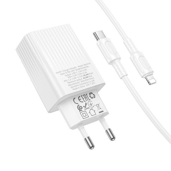 Мережевий зарядний пристрійз кабелем BOROFONE BAS75A Source single port PD30W charger set (C to iP) (EU) White 832868904 фото