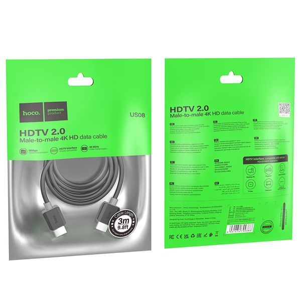 Кабель HOCO US08 HDTV 2.0 male-to-male 4K HD data cable(L=3M) Black 382499838 фото