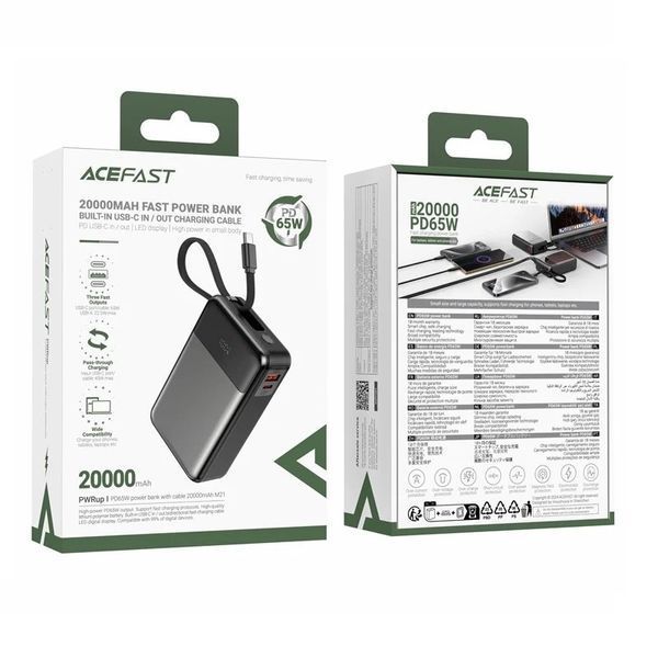 Зовнішній акумулятор ACEFAST M21 PD65W power bank with cable 20000mAh Black 161796108 фото