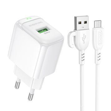 Сетевое зарядное устройство с кабелем BOROFONE BAS42A Potential single-port QC3.0 charger set(Micro)(EU) White 107909129 фото