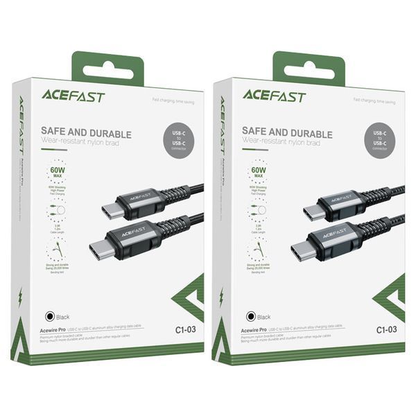 Кабель ACEFAST C1-03 Type-C to Type-C 3A, 1.2m, nylon, aluminum connectors, Black 595782438 фото
