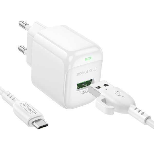 Мережевий зарядний пристрій з кабелем BOROFONE BAS42A Potential single-port QC3.0 charger set(Micro)(EU) White 107909129 фото