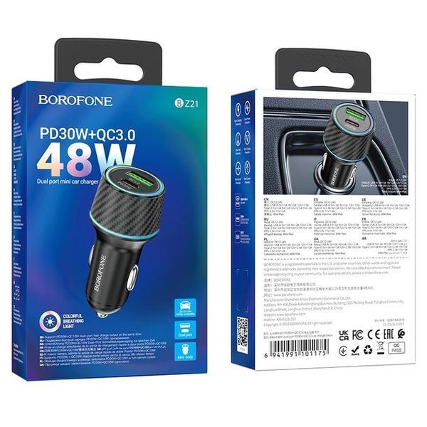 Автомобільний зарядний пристрій BOROFONE BZ21 Brilliant 48W dual port PD30W+QC3.0 car charger Black 570915599 фото