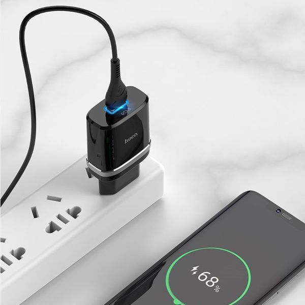 Мережевий зарядний пристрій з кабелем HOCO C12Q Smart QC3.0 charger set(Type-C) 18W Black 840845686 фото