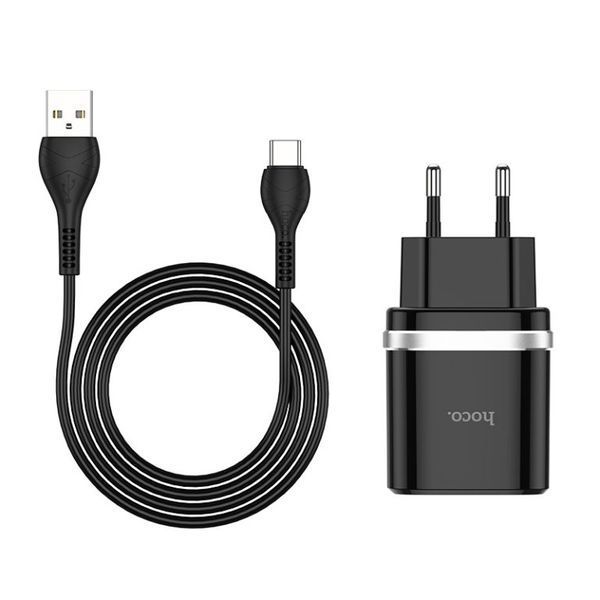 Мережевий зарядний пристрій з кабелем HOCO C12Q Smart QC3.0 charger set(Type-C) 18W Black 840845686 фото