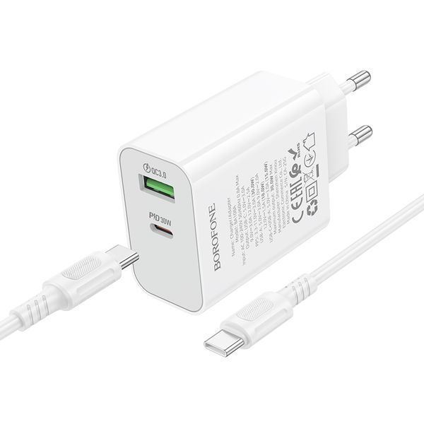 Мережевий зарядний пристрій BOROFONE BA108A Stellar PD30W+QC3.0 charger set (C to C) (EU) White 764017188 фото