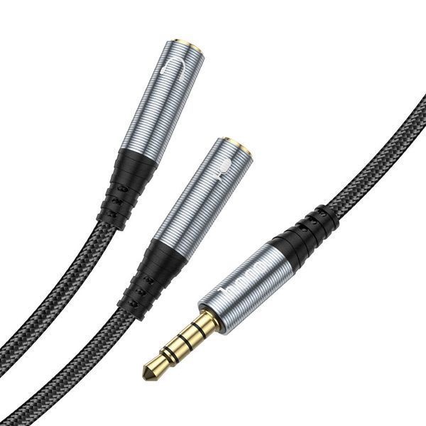 Аудіокабель HOCO UPA21 3.5mm male to 2*3.5mm female, nylon braid, 0.25m, Metal Gray 782401332 фото