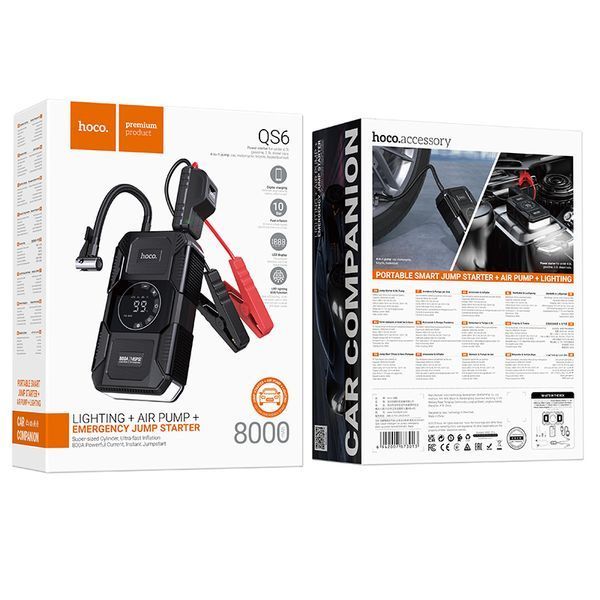 Автомобільний пуско-зарядний пристрій з насосом HOCO QS6 Clever Intelligent air pump+emergency start-up power bank(8000mAh) Black 215029809 фото