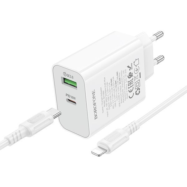 Мережевий зарядний пристрій BOROFONE BA108A Stellar PD30W+QC3.0 charger set (C to iP) (EU) White 781131723 фото