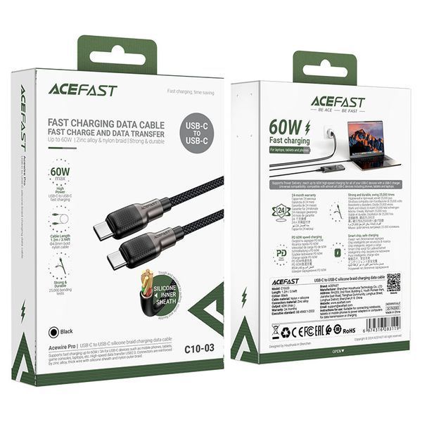 Кабель ACEFAST C10-03 Type-C to Type-C 3A, 60W, 1.2m, silicone, zinc connectors, Black 596874481 фото