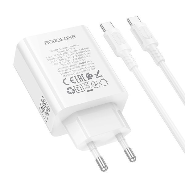 Мережевий зарядний пристрій BOROFONE BA109A Star single port PD40W charger set (C to C) (EU) White 111543054 фото