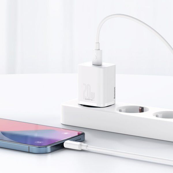Мережевий зарядний пристрій з кабелем Baseus Super Si 1C 20W With Simple Wisdom Data Cable Type-C/iP 1m White 615310659 фото