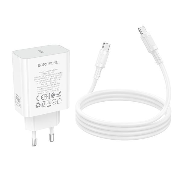 Мережевий зарядний пристрій BOROFONE BA109A Star single port PD40W charger set (C to C) (EU) White 111543054 фото