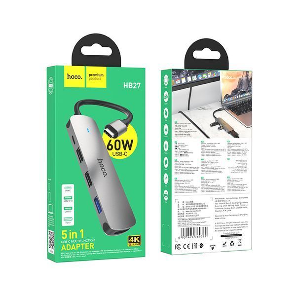 USB-хаб HOCO HB27 Type-C multi-function converter(HDTV+USB3.0+USB2.0*2+PD) Metal Gray 107530822 фото