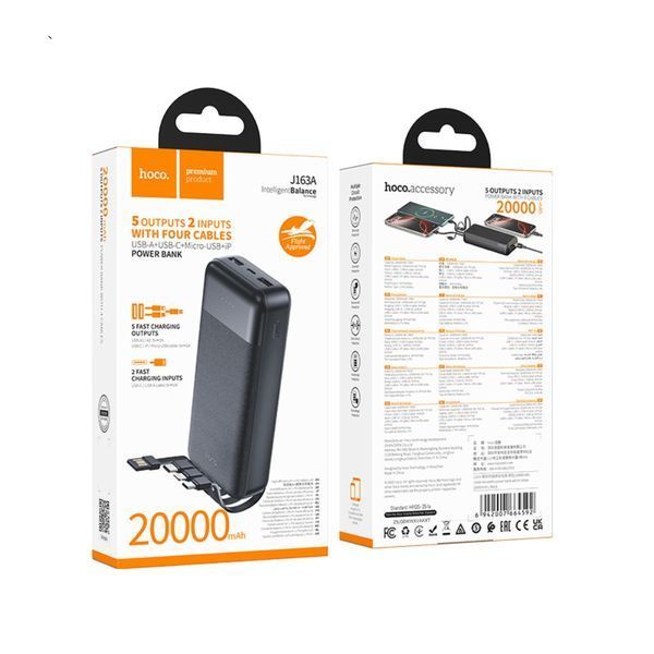 Зовнішній акумулятор HOCO J163A Wonderful power bank with 4 cables(20000mAh) Black 873270528 фото