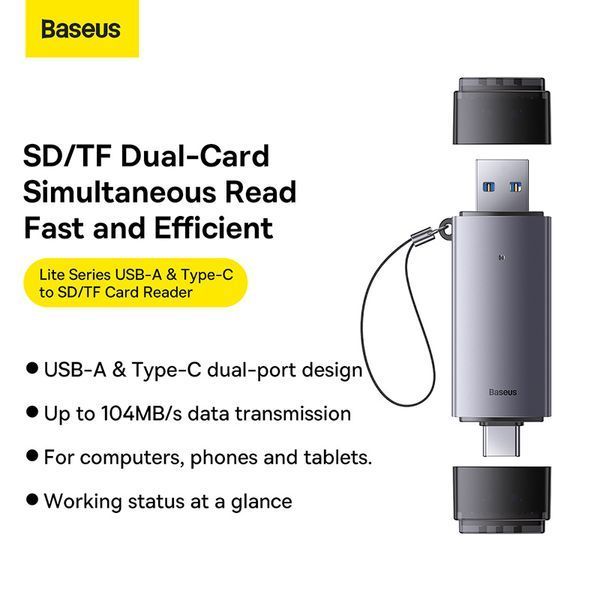 USB-хаб Baseus Lite Series USB-A & Type-C to SD/TF Card Reader Grey 308730896 фото