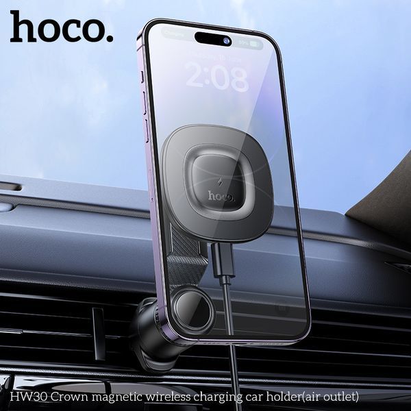 Автодержатель для телефона с БЗУ HOCO HW30 Crown magnetic wireless charging car holder (air outlet) Black Metal Gray 922902942 фото
