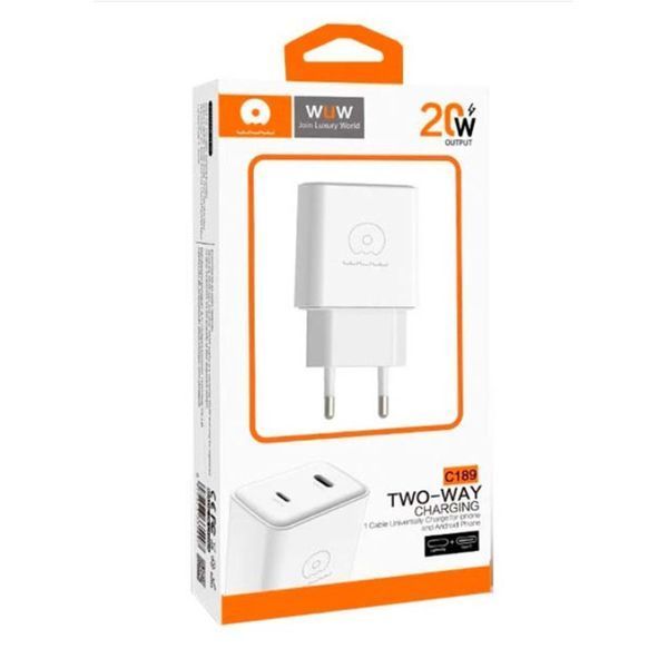 Мережевий зарядний пристрій WUW-C189 PD 20W Charger USB C + USB C white 378440406 фото