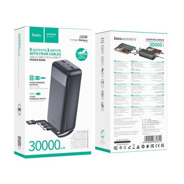 Внешний аккумулятор HOCO J163B Wonderful power bank with 4 cables(30000mAh) Black 105306930 фото