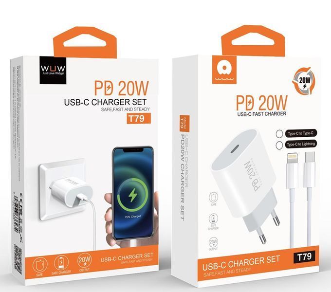 Мережевий зарядний пристрій з кабелем WUW-T79L PD 20W USB C charger with type c to lightning cable 915029787 фото